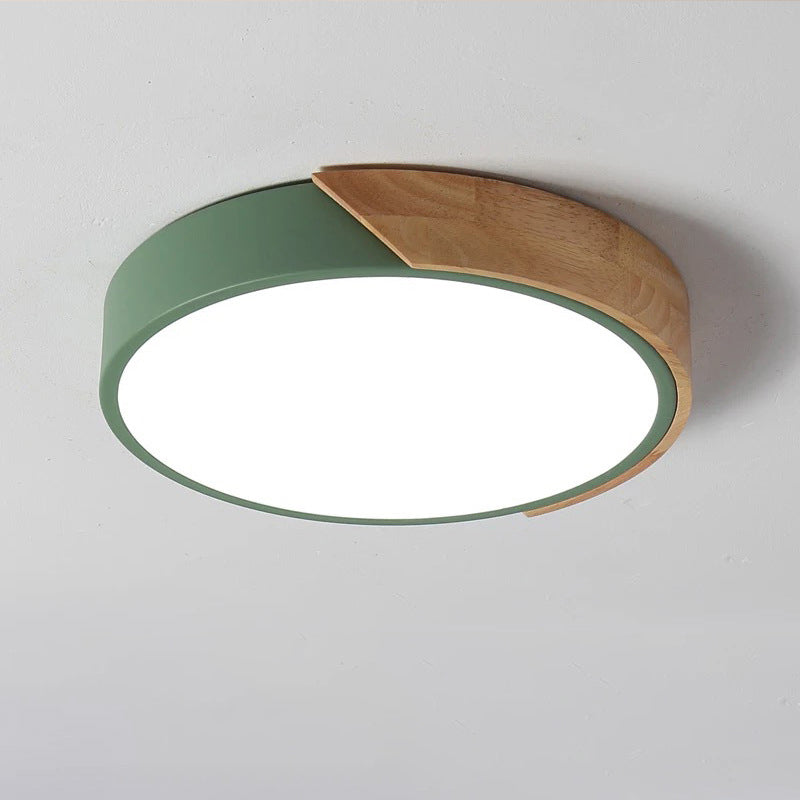 Modern Minimalist Round Macaron Iron Wood Acrylic LED Flush Mount Ceiling Light For Living Room