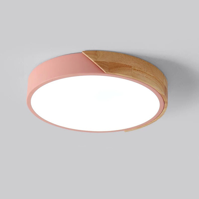 Modern Minimalist Round Macaron Iron Wood Acrylic LED Flush Mount Ceiling Light For Living Room