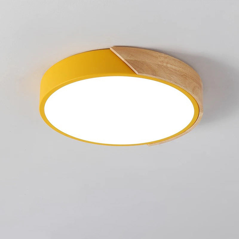 Modern Minimalist Round Macaron Iron Wood Acrylic LED Flush Mount Ceiling Light For Living Room