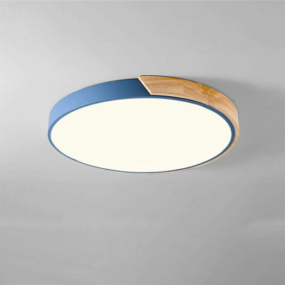 Modern Minimalist Round Macaron Iron Wood Acrylic LED Flush Mount Ceiling Light For Living Room