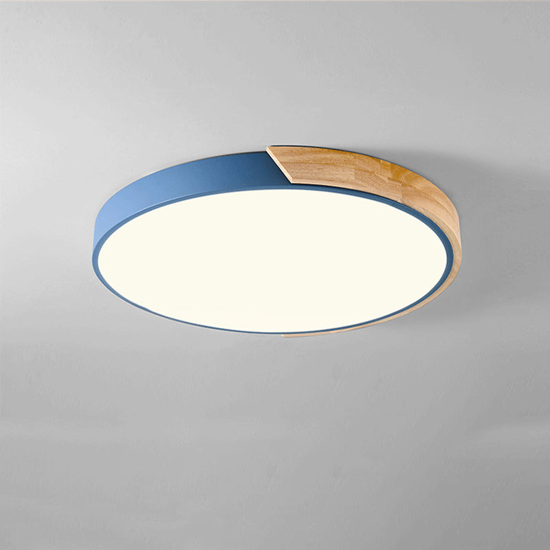 Modern Minimalist Round Macaron Iron Wood Acrylic LED Flush Mount Ceiling Light For Living Room