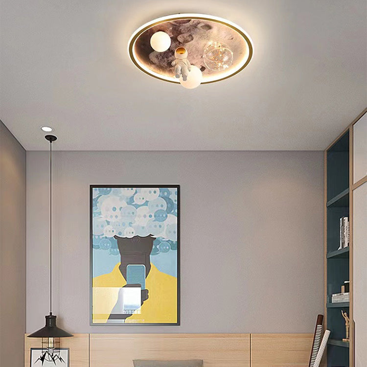 Luz de techo empotrada LED para niños con diseño contemporáneo creativo de luna de astronauta redonda de hierro, resina y vidrio para dormitorio 