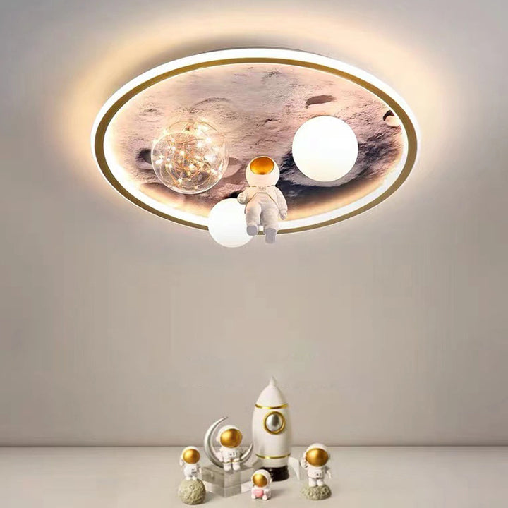 Luz de techo empotrada LED para niños con diseño contemporáneo creativo de luna de astronauta redonda de hierro, resina y vidrio para dormitorio 