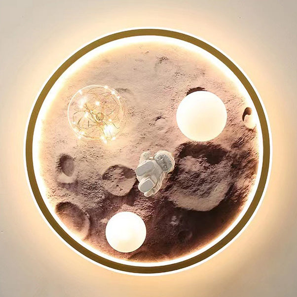 Luz de techo empotrada LED para niños con diseño contemporáneo creativo de luna de astronauta redonda de hierro, resina y vidrio para dormitorio 