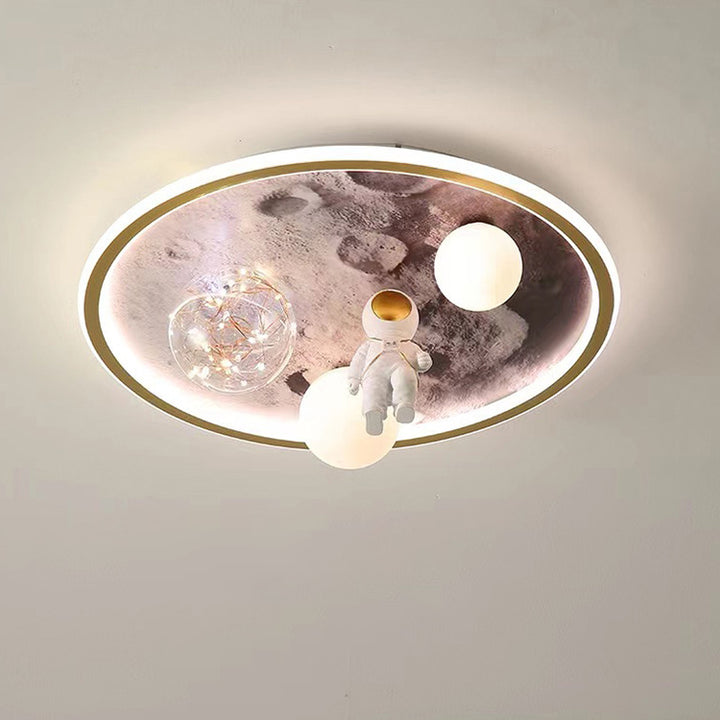 Luz de techo empotrada LED para niños con diseño contemporáneo creativo de luna de astronauta redonda de hierro, resina y vidrio para dormitorio 