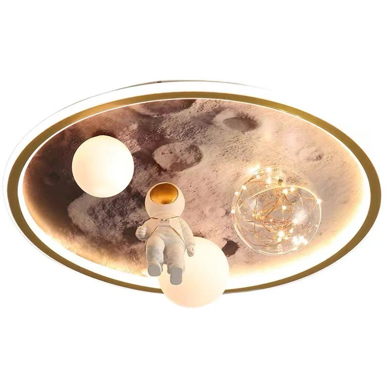 Luz de techo empotrada LED para niños con diseño contemporáneo creativo de luna de astronauta redonda de hierro, resina y vidrio para dormitorio 