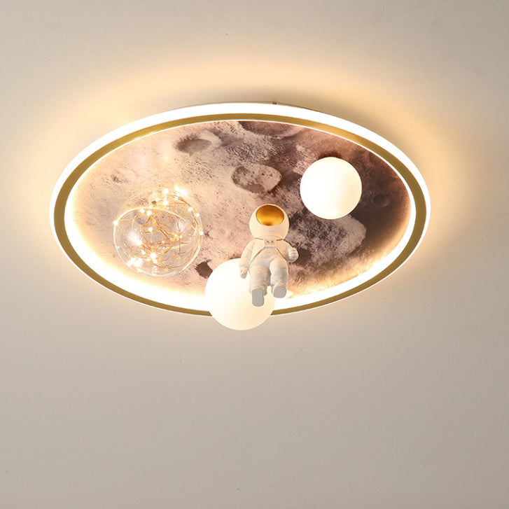 Luz de techo empotrada LED para niños con diseño contemporáneo creativo de luna de astronauta redonda de hierro, resina y vidrio para dormitorio 