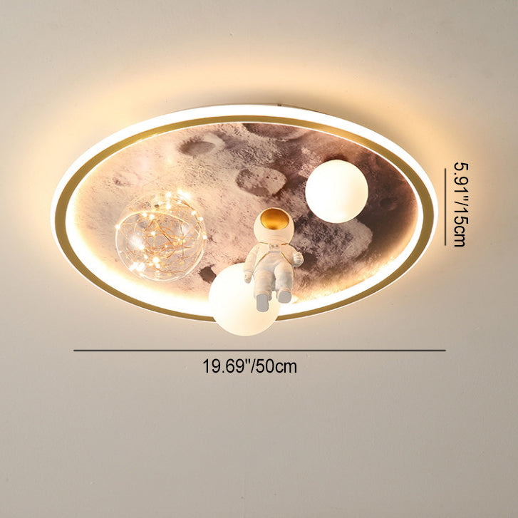 Luz de techo empotrada LED para niños con diseño contemporáneo creativo de luna de astronauta redonda de hierro, resina y vidrio para dormitorio 