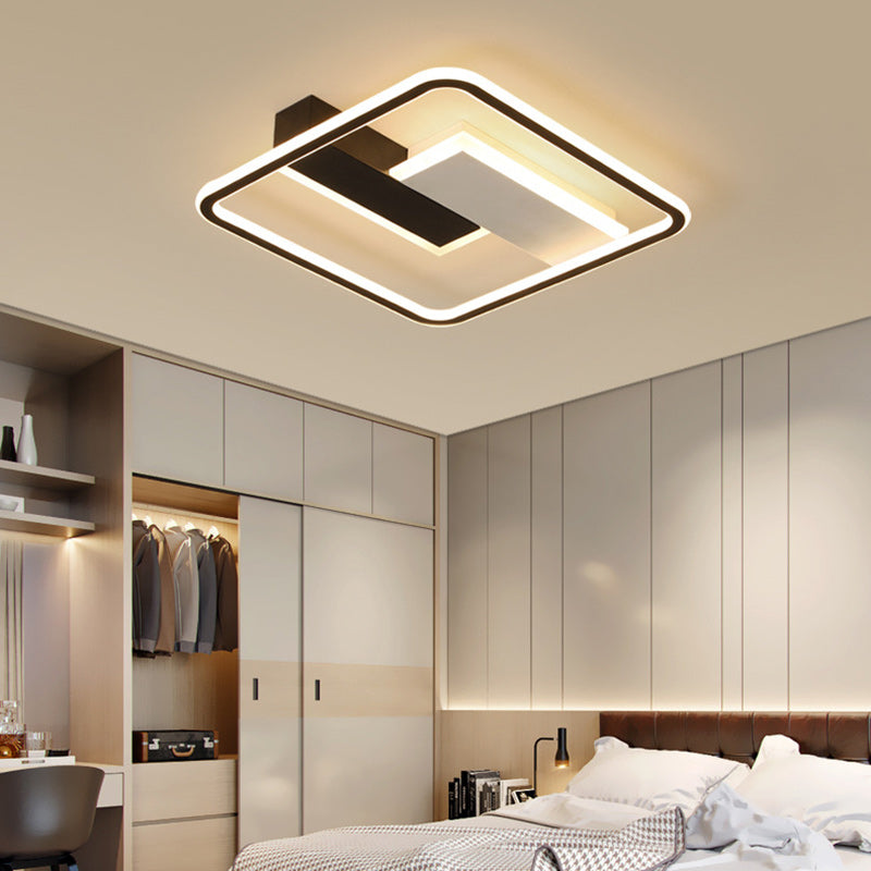 Luz de techo LED de montaje semi empotrado cuadrada de hierro contemporáneo, aluminio y acrílico, en blanco y negro, para dormitorio 