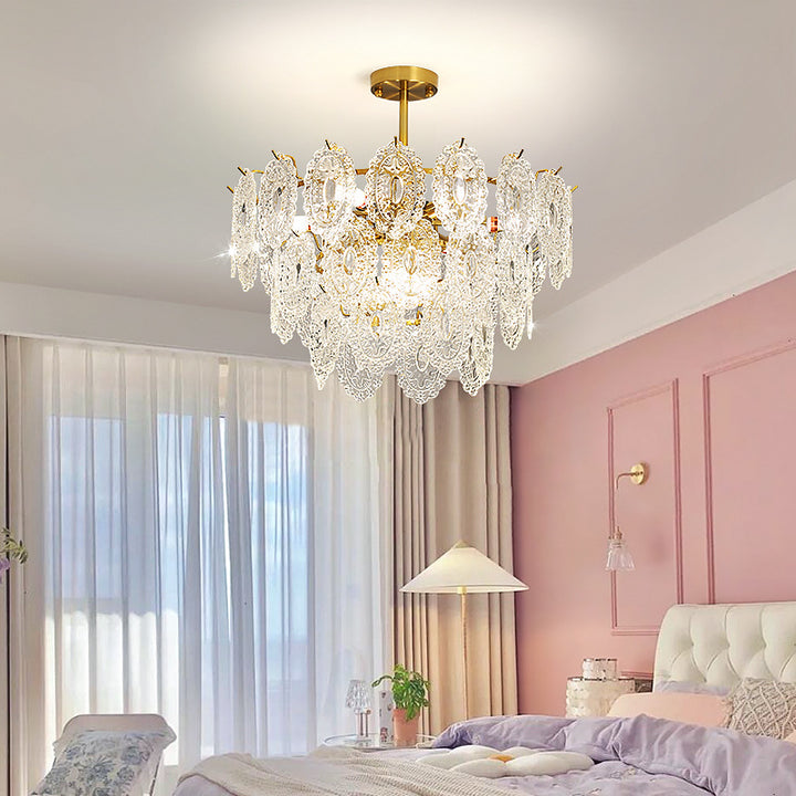 Modern Luxury Layered Iron Branch Clear Scalloped Glass 6/12 Light Chandeliers For Living Room