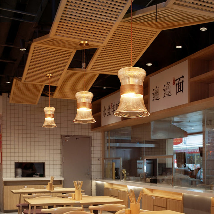 Traditional Japanese Transparent Ribbed Glass Shade Wood Copper 1 Light Pendant Light For Dining Room