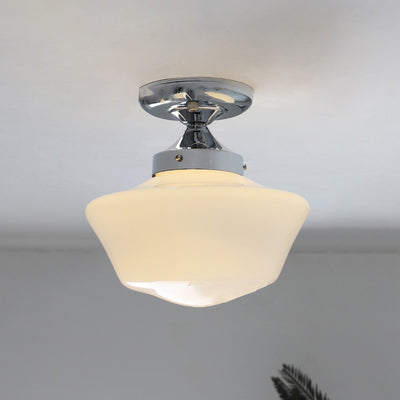 Traditional Vintage Curved Flared Cream Glass Iron 1-Light Semi-Flush Mount Ceiling Light For Bedroom