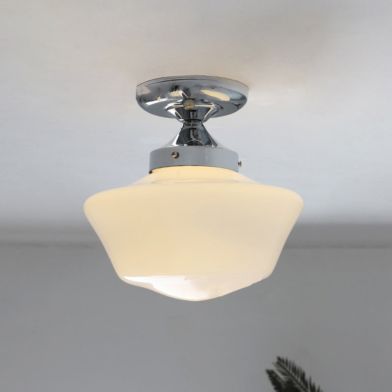Traditional Vintage Curved Flared Cream Glass Iron 1-Light Semi-Flush Mount Ceiling Light For Bedroom