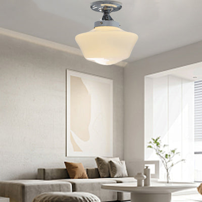 Traditional Vintage Curved Flared Cream Glass Iron 1-Light Semi-Flush Mount Ceiling Light For Bedroom