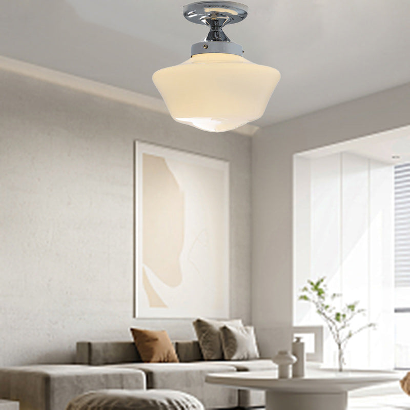 Traditional Vintage Curved Flared Cream Glass Iron 1-Light Semi-Flush Mount Ceiling Light For Bedroom