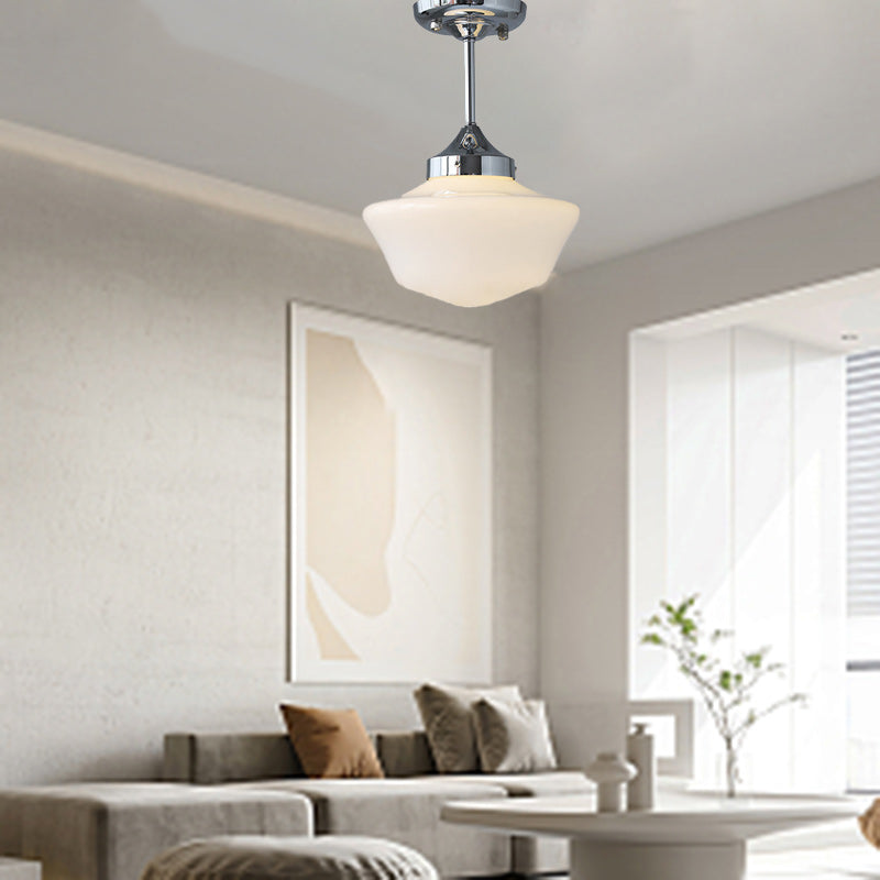 Traditional Vintage Curved Flared Cream Glass Iron 1-Light Semi-Flush Mount Ceiling Light For Bedroom