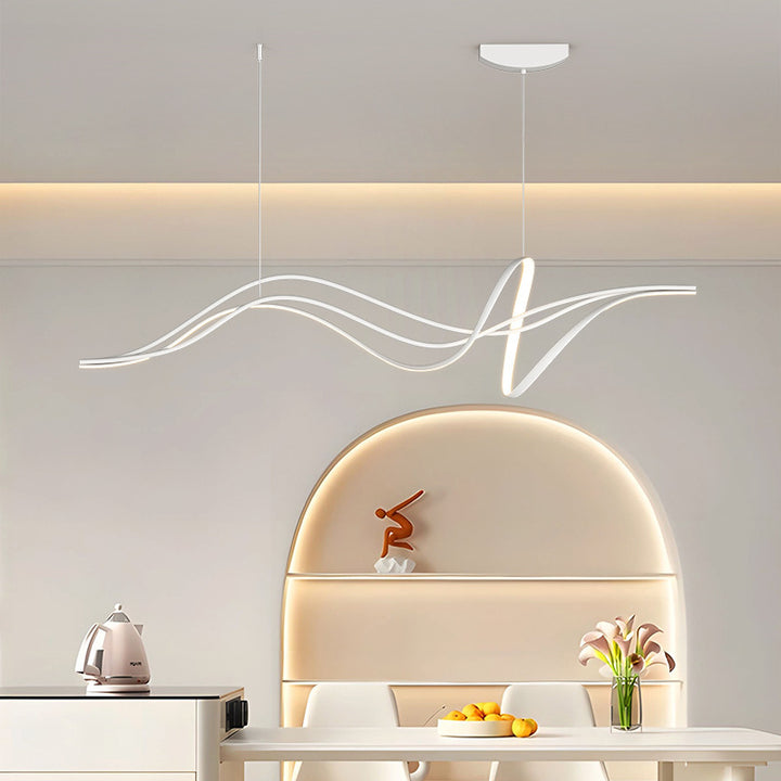 ثريات LED حديثة بسيطة من الحديد والسيليكون على شكل شريط خطي مع تصميم صفصاف لغرفة الطعام 