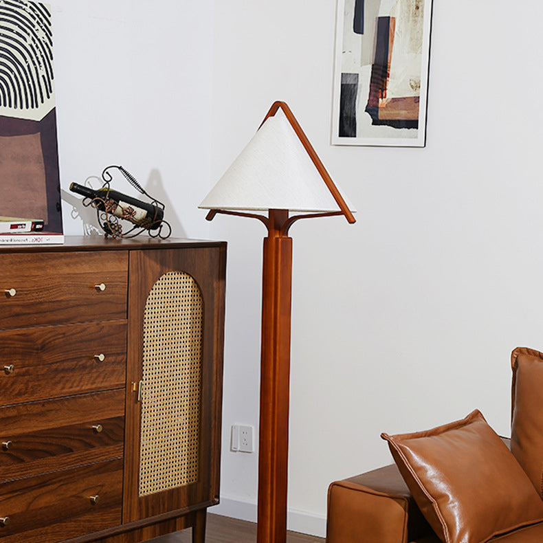 Traditionelle Vintage Dreieck Form Runde Kegel Holz Leinen 1-Licht Stehlampe für Schlafzimmer 