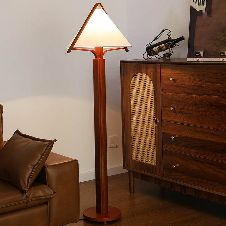 Traditionelle Vintage Dreieck Form Runde Kegel Holz Leinen 1-Licht Stehlampe für Schlafzimmer 
