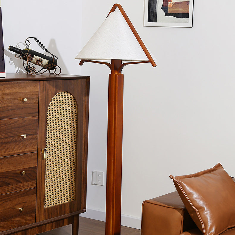 Traditionelle Vintage Dreieck Form Runde Kegel Holz Leinen 1-Licht Stehlampe für Schlafzimmer 