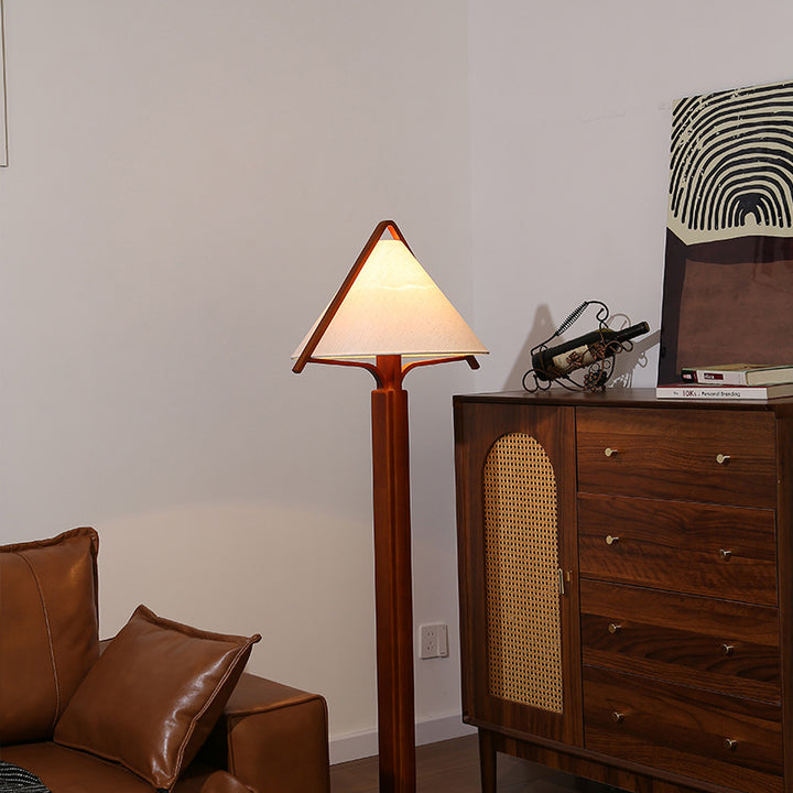 Traditionelle Vintage Dreieck Form Runde Kegel Holz Leinen 1-Licht Stehlampe für Schlafzimmer 