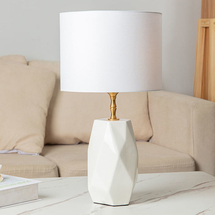 Modern Luxury Cone Straight Tube Faceted Ceramic Brass Fabric 1-Light Table Lamp For Bedroom