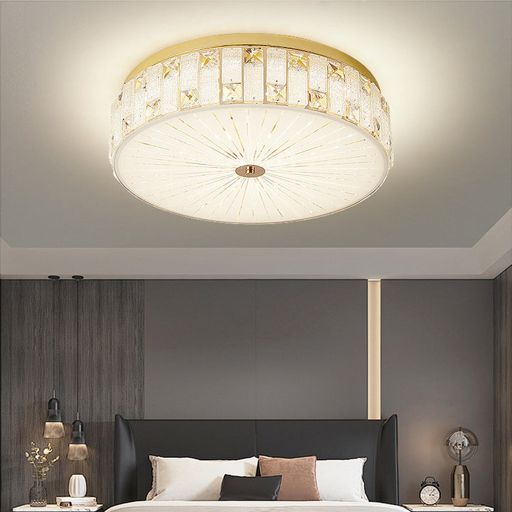 Modern Luxury Round Crystal Square Beads Flower Wave Pattern Hardware Leather Shell Glass LED Flush Mount Ceiling Light For Bedroom