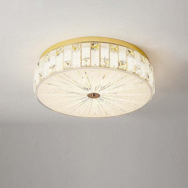 Modern Luxury Round Crystal Square Beads Flower Wave Pattern Hardware Leather Shell Glass LED Flush Mount Ceiling Light For Bedroom