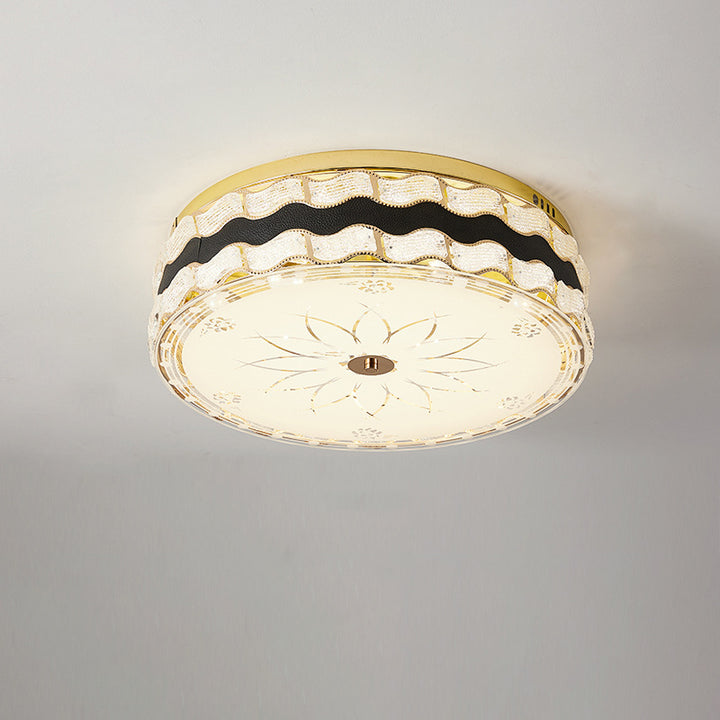Modern Luxury Round Crystal Square Beads Flower Wave Pattern Hardware Leather Shell Glass LED Flush Mount Ceiling Light For Bedroom