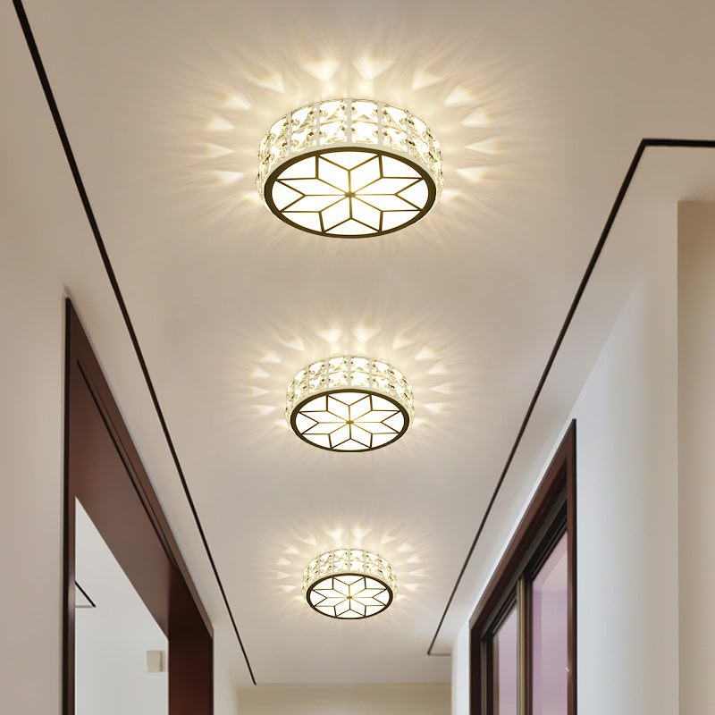 Modern Minimalist Drum Shape Hardware Crystal LED Flush Mount Ceiling Light For Hallway