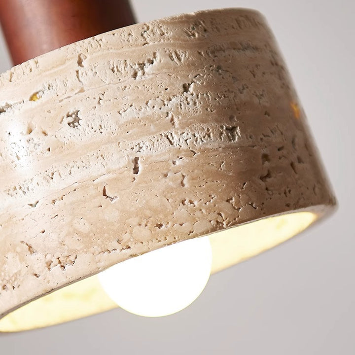 Contemporary Retro Round Travertine Texture Wood 1-Light Pendant Light For Dining Room