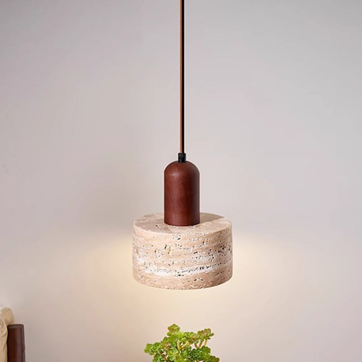 Contemporary Retro Round Travertine Texture Wood 1-Light Pendant Light For Dining Room
