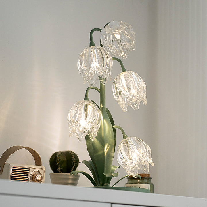 Contemporary Creative Tulip Flower Iron Glass USB 1-Light Table Lamp For Bedroom