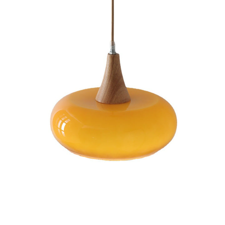 Lámpara colgante contemporánea nórdica de crema y madera de caqui con vidrio de 1 luz para comedor 