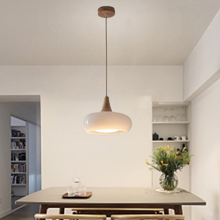 Lámpara colgante contemporánea nórdica de crema y madera de caqui con vidrio de 1 luz para comedor 