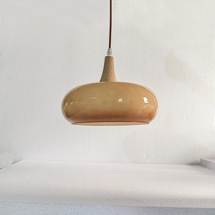 Lámpara colgante contemporánea nórdica de crema y madera de caqui con vidrio de 1 luz para comedor 