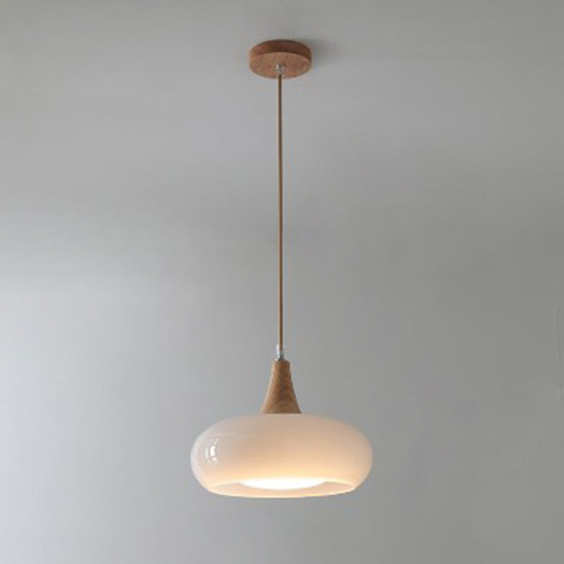 Lámpara colgante contemporánea nórdica de crema y madera de caqui con vidrio de 1 luz para comedor 