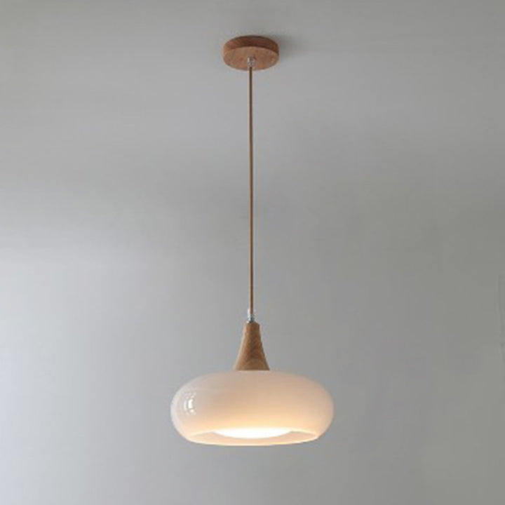 Lámpara colgante contemporánea nórdica de crema y madera de caqui con vidrio de 1 luz para comedor 