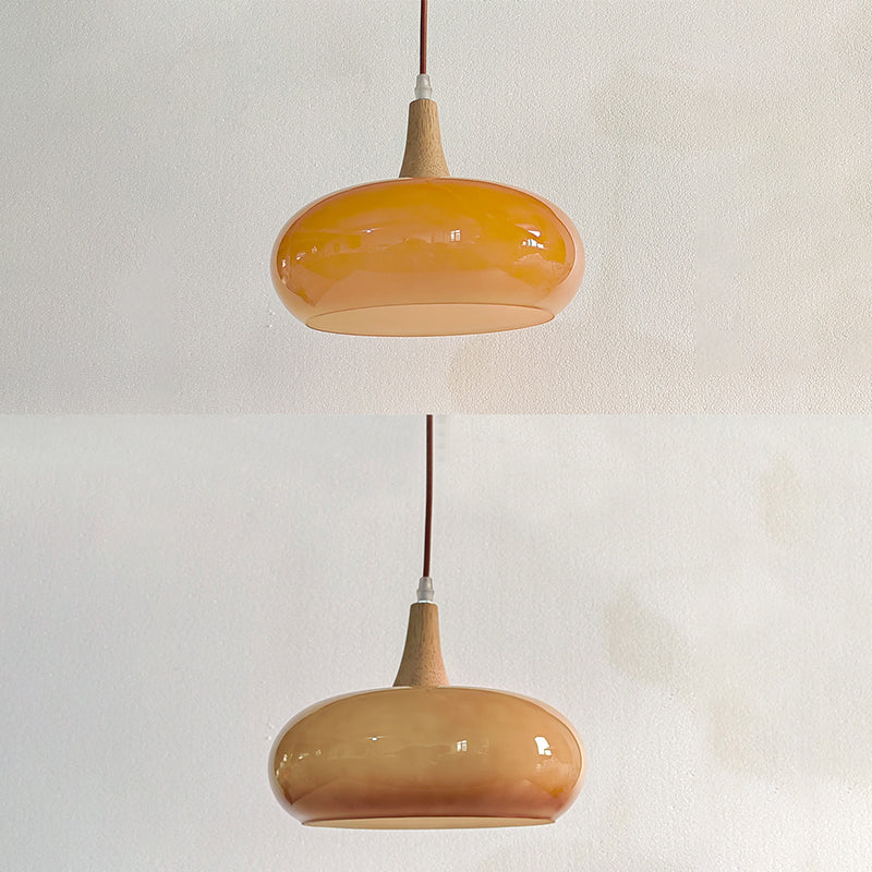 Lámpara colgante contemporánea nórdica de crema y madera de caqui con vidrio de 1 luz para comedor 