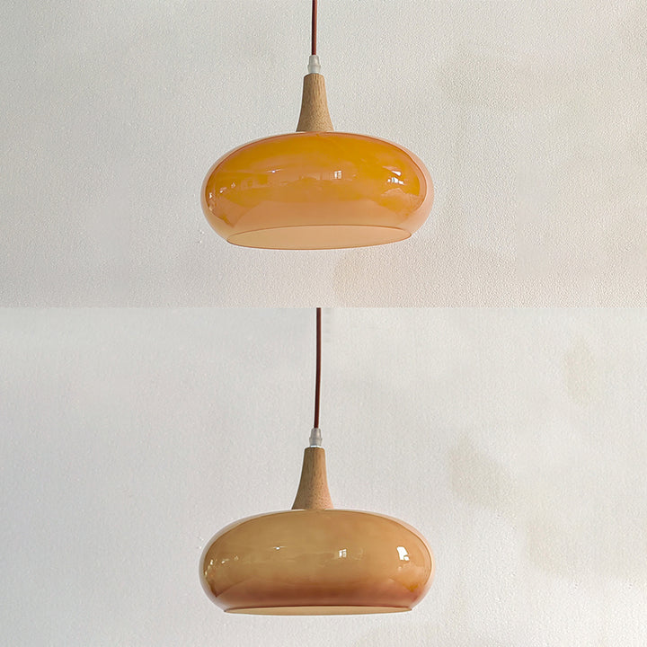 Lámpara colgante contemporánea nórdica de crema y madera de caqui con vidrio de 1 luz para comedor 