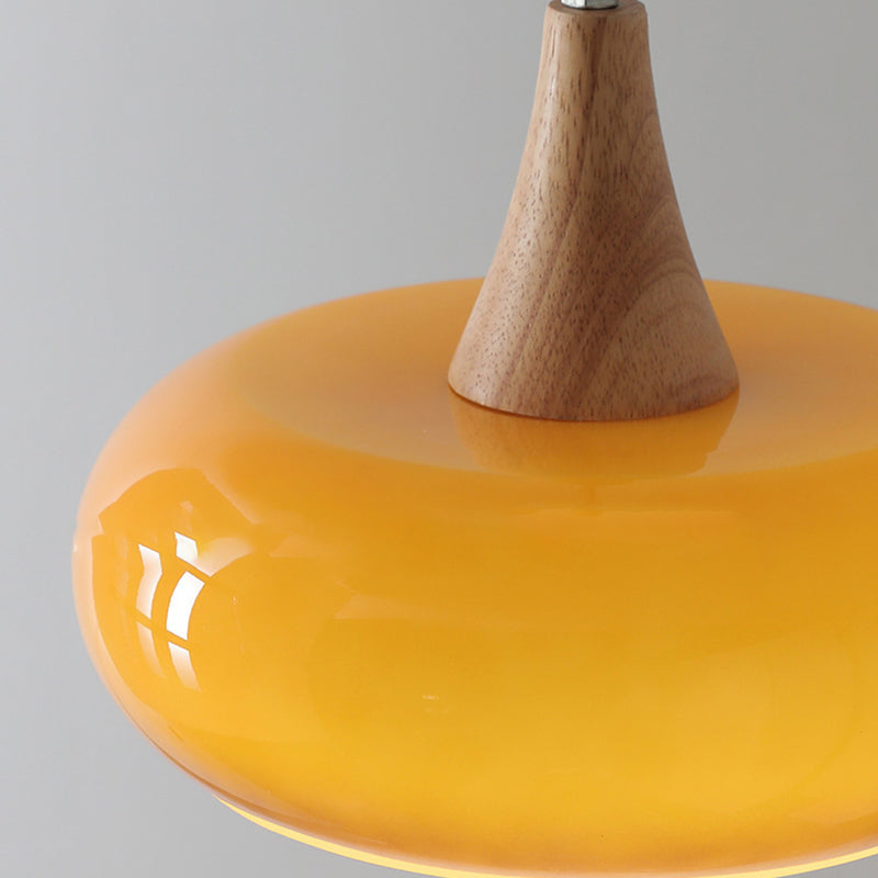 Lámpara colgante contemporánea nórdica de crema y madera de caqui con vidrio de 1 luz para comedor 