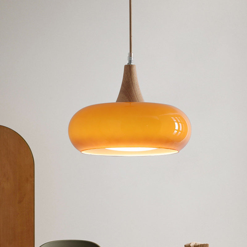 Lámpara colgante contemporánea nórdica de crema y madera de caqui con vidrio de 1 luz para comedor 