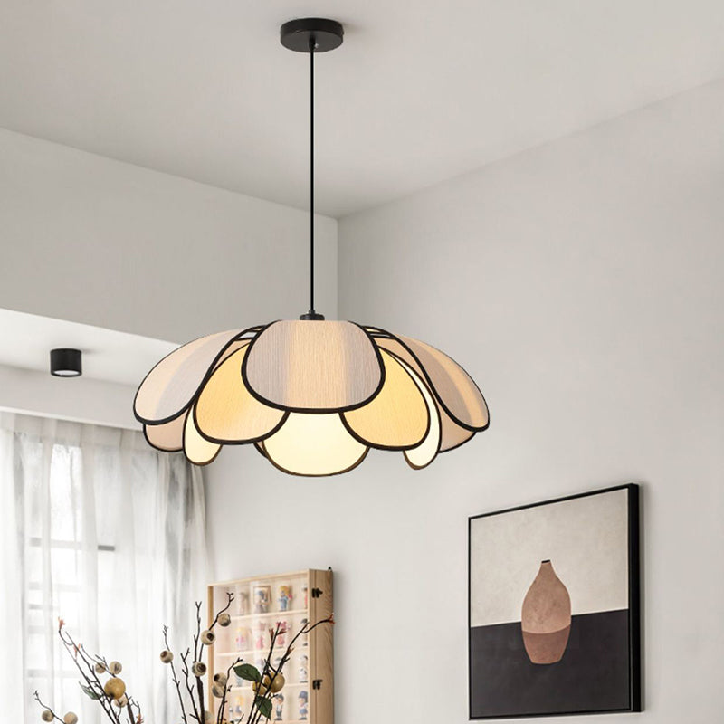 Suspension lumineuse à 1 lumière en fibre végétale avec pétales nordiques contemporains en fer pour salle à manger 