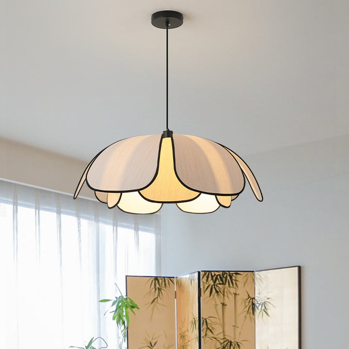 Suspension lumineuse à 1 lumière en fibre végétale avec pétales nordiques contemporains en fer pour salle à manger 