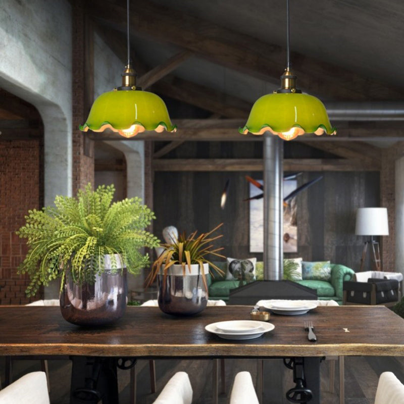 Traditional Vintage Flower Lotus Leaf Petal Hardware Glass 1-Light Pendant Light For Dining Room
