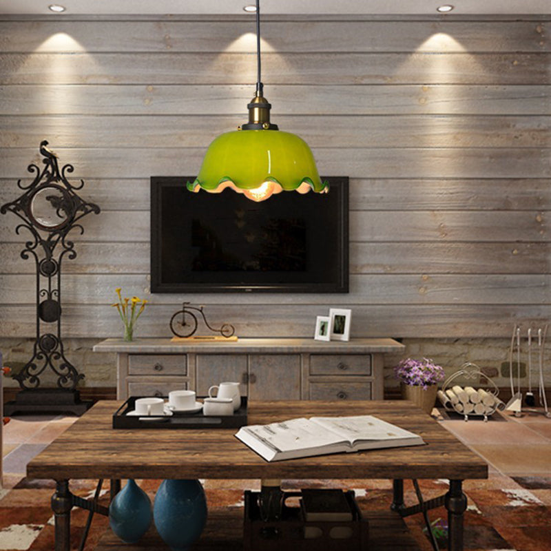 Traditional Vintage Flower Lotus Leaf Petal Hardware Glass 1-Light Pendant Light For Dining Room