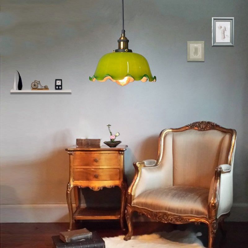 Traditional Vintage Flower Lotus Leaf Petal Hardware Glass 1-Light Pendant Light For Dining Room