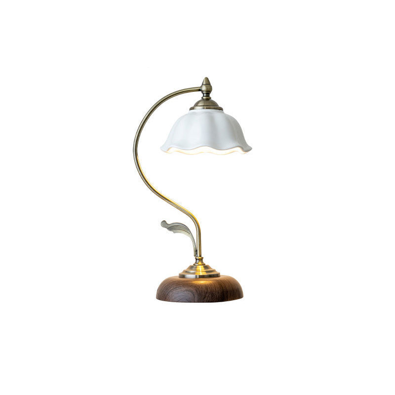 Lampe de table contemporaine rétro en dôme de fleur en fer, verre et céramique à 1 lumière pour chambre 