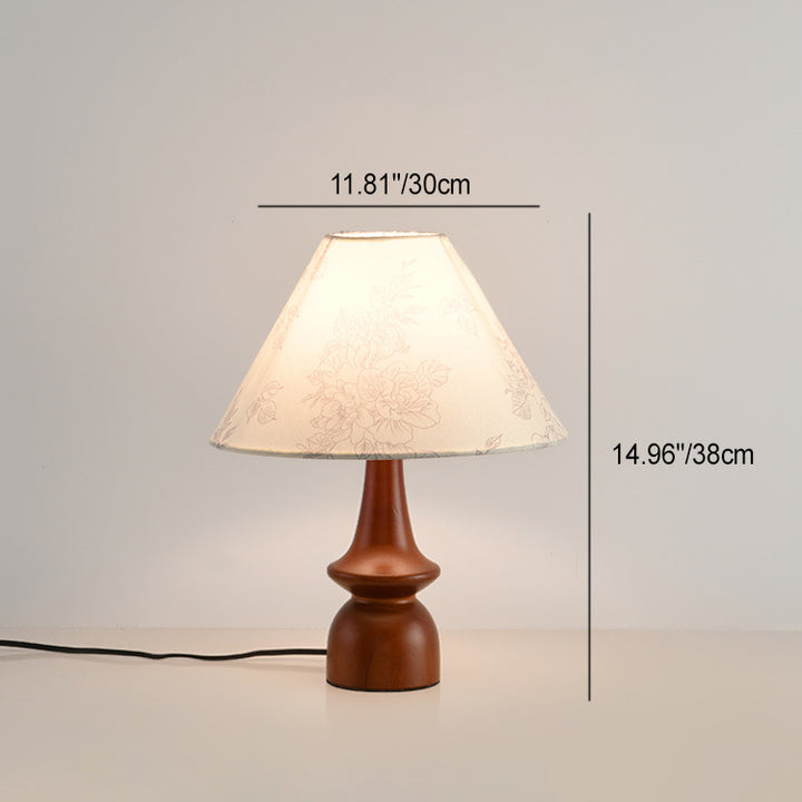 Lampe de table 1 lumière en bois avec abat-jour conique plissé rétro contemporain motif fleur en tissu pour chambre 