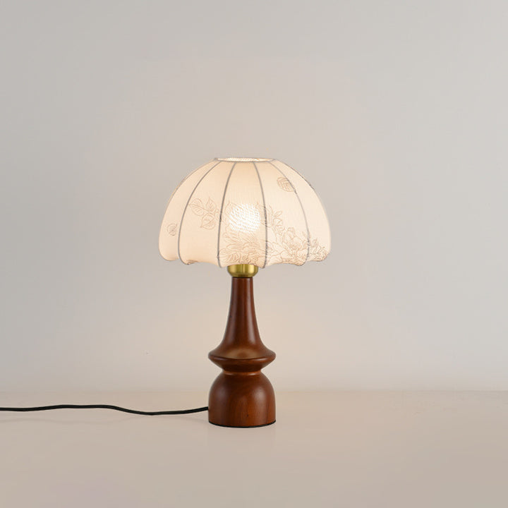 Lampe de table 1 lumière en bois avec abat-jour conique plissé rétro contemporain motif fleur en tissu pour chambre 